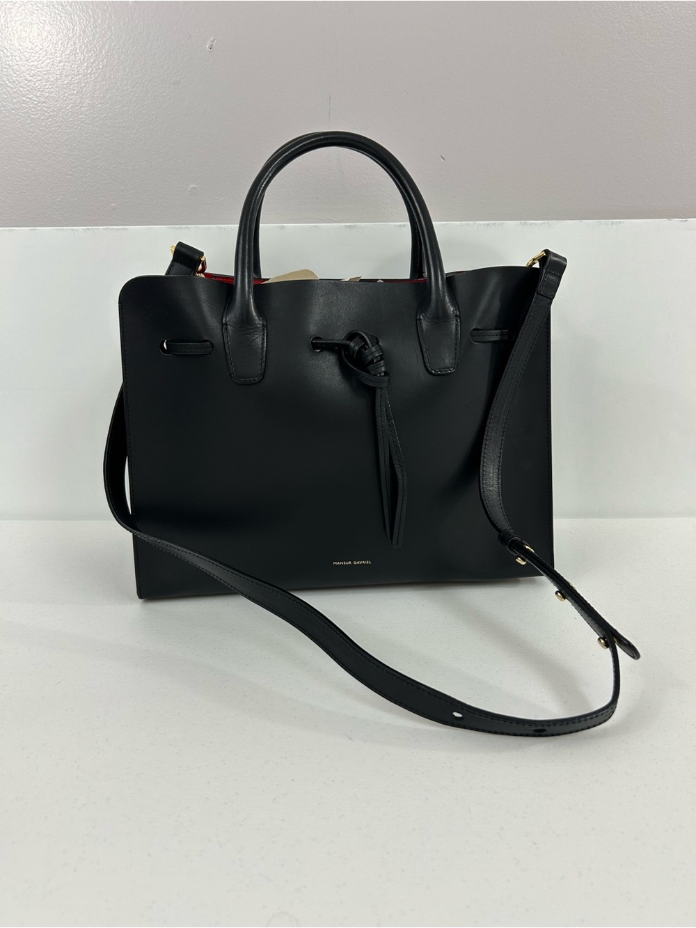 Mansur Gavriel Black Red Flamma Interior Lining Vegetable Tanned Leather Sun Bag